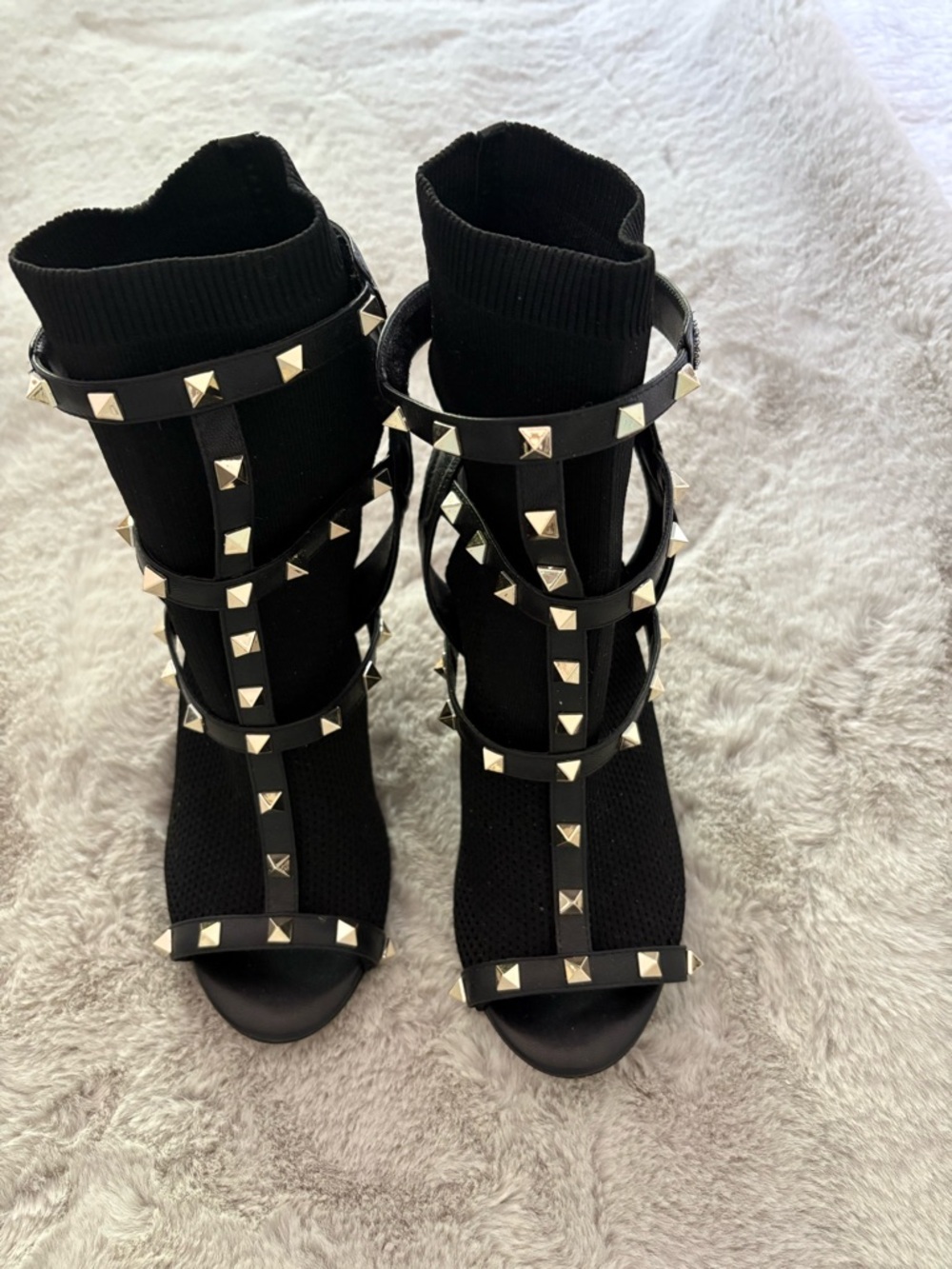Looks like Valentino Garavani Black Studded Strappy Sock Heel Sandals